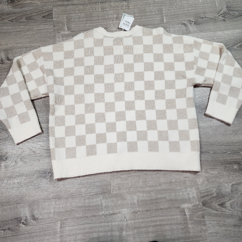 NWT BAREFOOT DREAMS 2 Pc CozyChic Oatmeal Cream Checkered Top Short Set XL - Picture 13 of 14